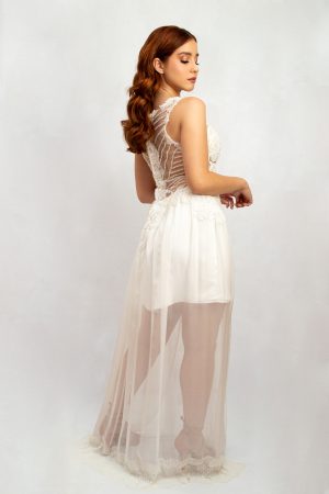 VESTIDO MIA- vestido de noiva mini saia com tule sobreposto